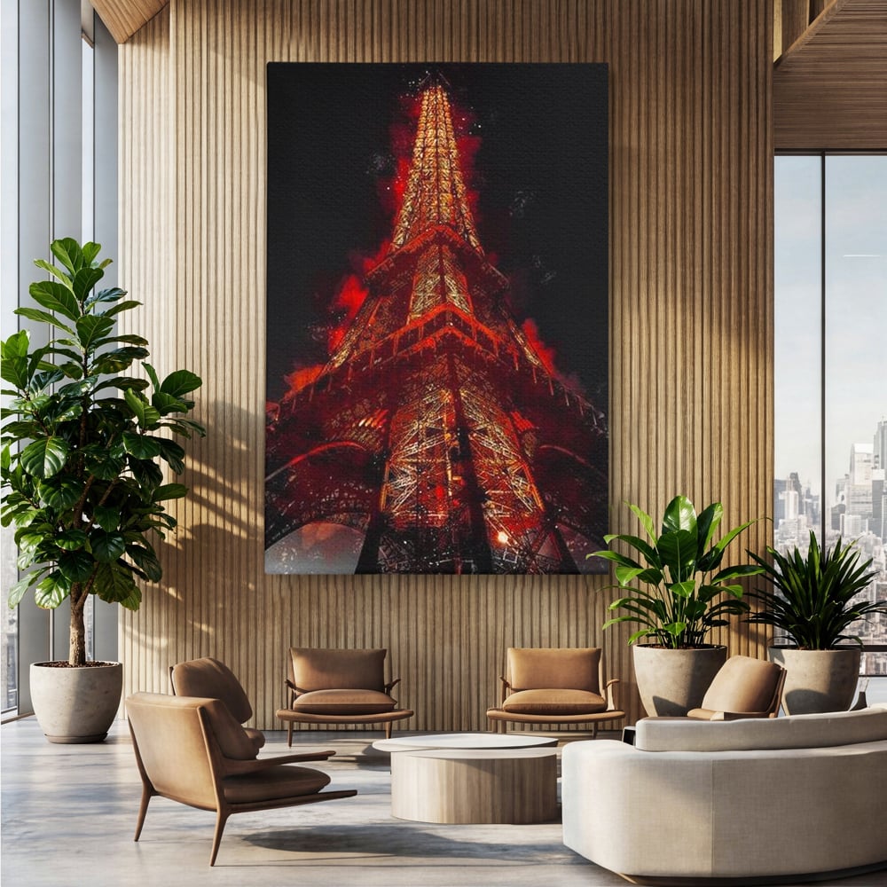 Tablou canvas cu tablou canvas cu turnul eiffel in nuante de rosu, fara rama, pe sasiu de lemn, pe perete intr-un birou